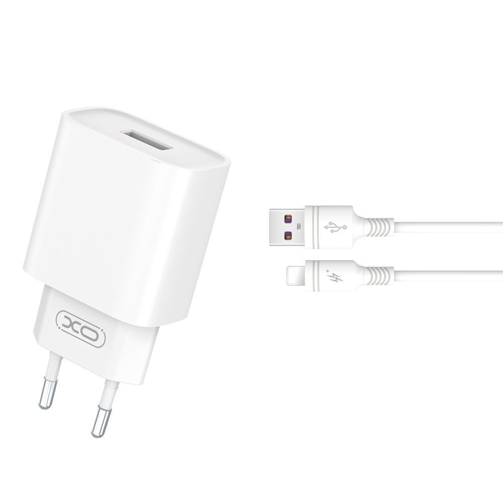 XO sieninis įkroviklis CE02D QC 3.0 18W 1x USB, baltas + Lightning laidas