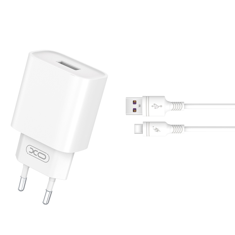 XO sieninis įkroviklis CE02D QC 3.0 18W 1x USB, baltas + USB-C laidas