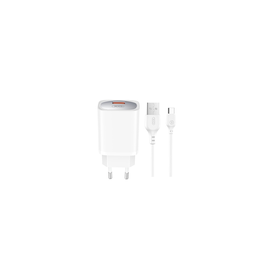 XO sieninis įkroviklis CE19 QC 18W 1x USB, baltas + USB-C laidas