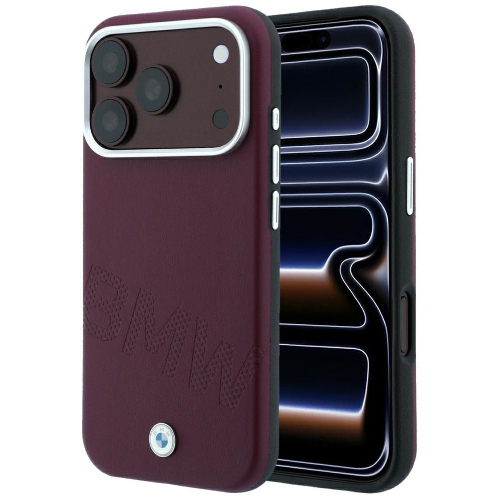BMW dėklas, skirtas IPHONE 18 Pro/17 Pro suderinamas su „MagSafe“ (Sign Inclined Deboss Letters) (spalva: bordo)