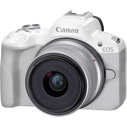 Canon EOS R50 WH + RF-S 18-45mm F4.5-6.3 IS STM (SIP), 24,2 MP, vaizdo stabilizatorius, ISO jautrumas (maks.) 32000, ekrano įstrižainė 2,95 ", Wi-Fi, vaizdo įrašymas, automatinis/rankinis, CMOS, baltas
