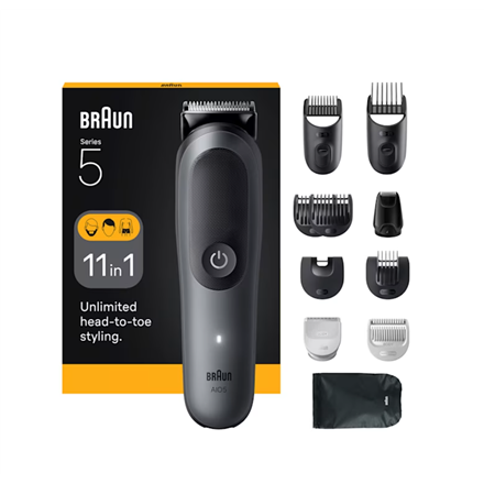 Braun 11-in-1 kirpimo rinkinys All-in-One, Series 5 AIO5560, belaidis, ilgio nustatymų skaičius 14, pilka/juoda