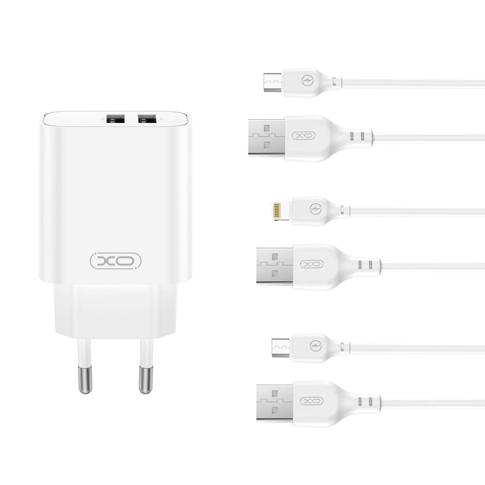 XO sieninis įkroviklis CE34 2x USB 2,4A, baltas + USB-C laidas