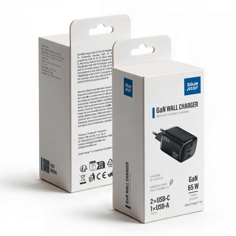 Blue Star Nano GaN VT-335 telefono įkroviklis, 2 × USB-C + USB-A, QC4.0, PD, 3 A, 65 W, juodas