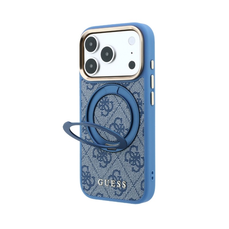 Dėklas Guess PU 4G Ring Stand MagSafe Apple iPhone 18 Pro mėlynas