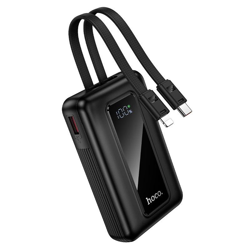 Hoco J162 išorinė baterija su integruotais USB-C ir Lightning laidais, 10000 mAh, QC, PD, 22,5 W, juoda
