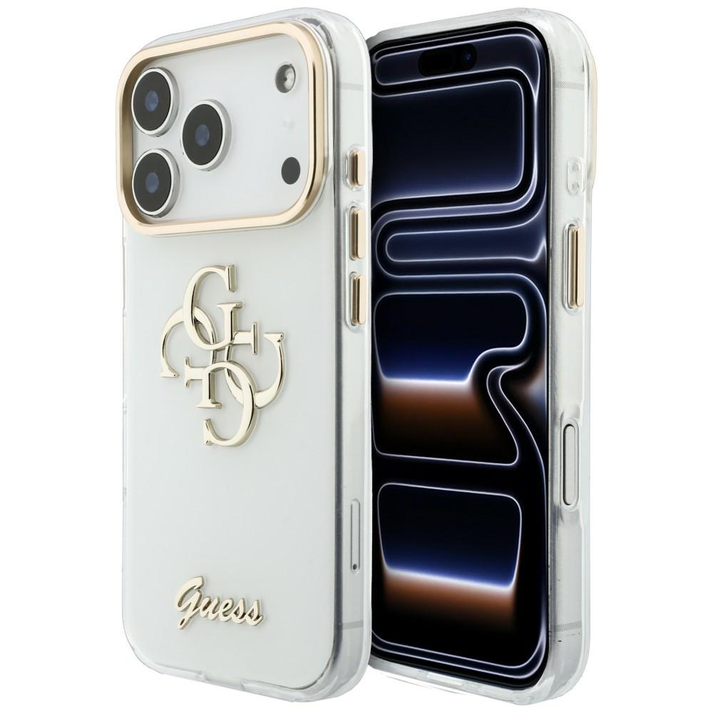 Guess IML 4G Script Metal dėklas, skirtas iPhone 18 Pro / 17 Pro, baltas