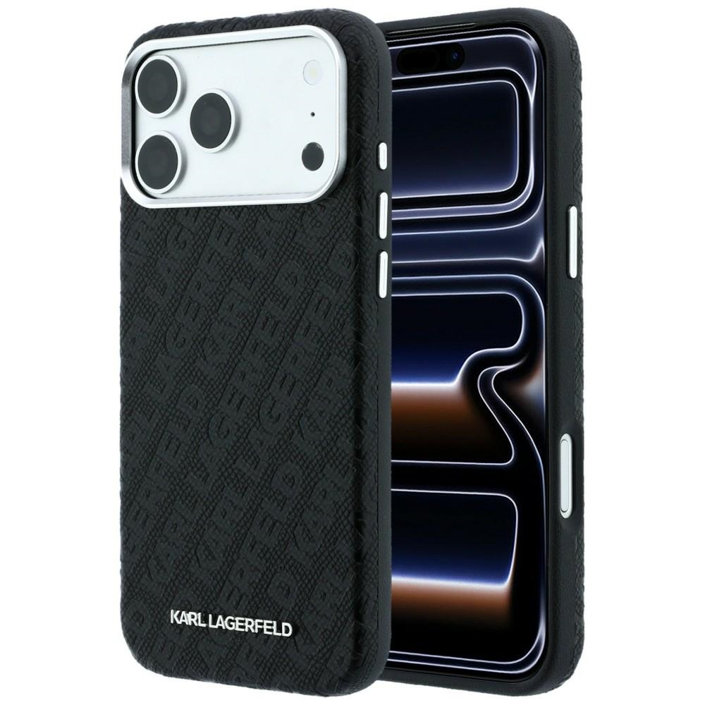 Karl Lagerfeld Grained Allover Logo Metal Elongated MagSafe dėklas, skirtas iPhone 18 Pro / 17 Pro, juodas
