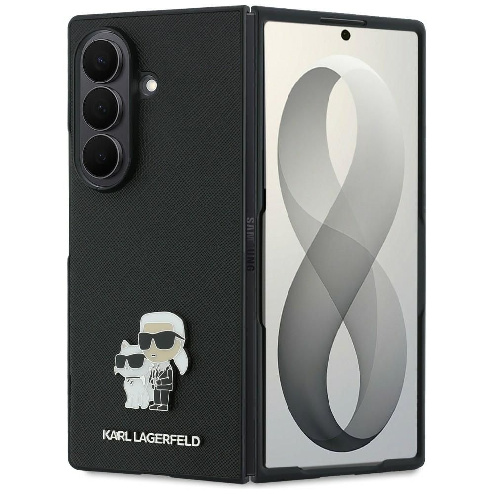 Juodas „Karl Lagerfeld Saffiano Karl & Choupette Pin“ dėklas, skirtas „Samsung Galaxy Z Fold8 Ultra“