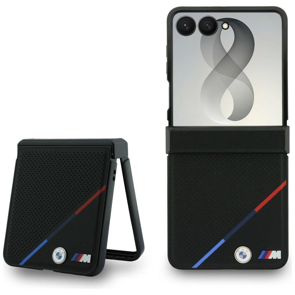 BMW M Leather Perforated Tricolor Stripe Metal Logos MagSafe case for Samsung Galaxy Z Flip8, black