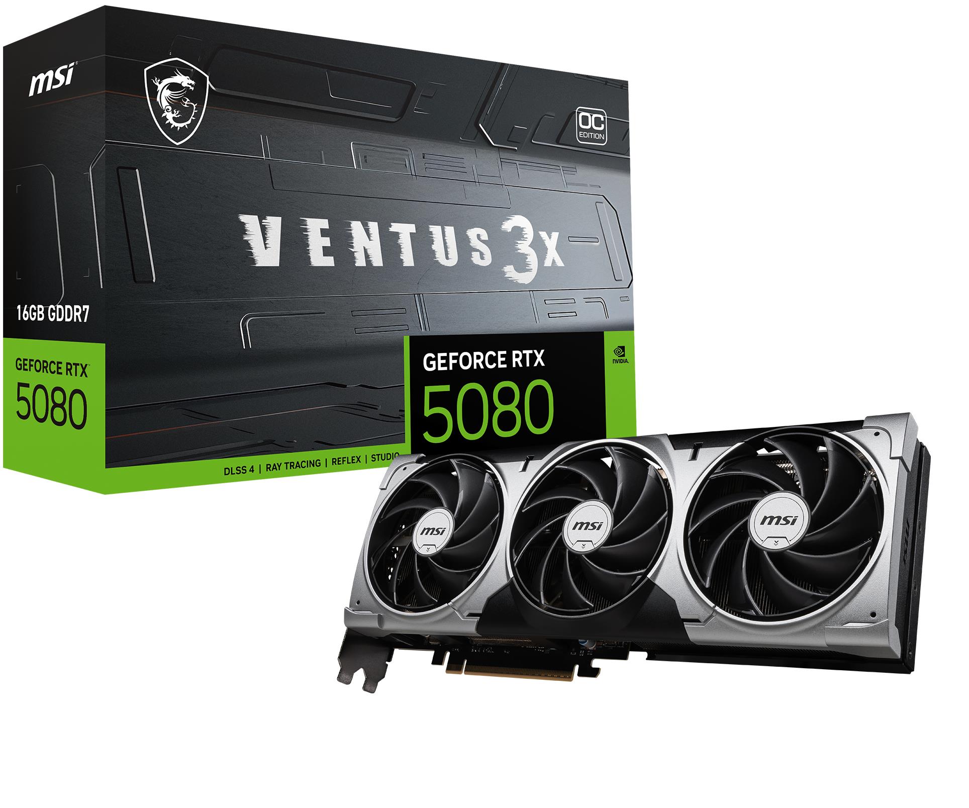 Видеокарта MSI GeForce RTX 5080 16G Ventus 3X OC (RTX_5080_16G_VENTUS_3X_OC_BLACK), 16 ГБ памяти, чёрная