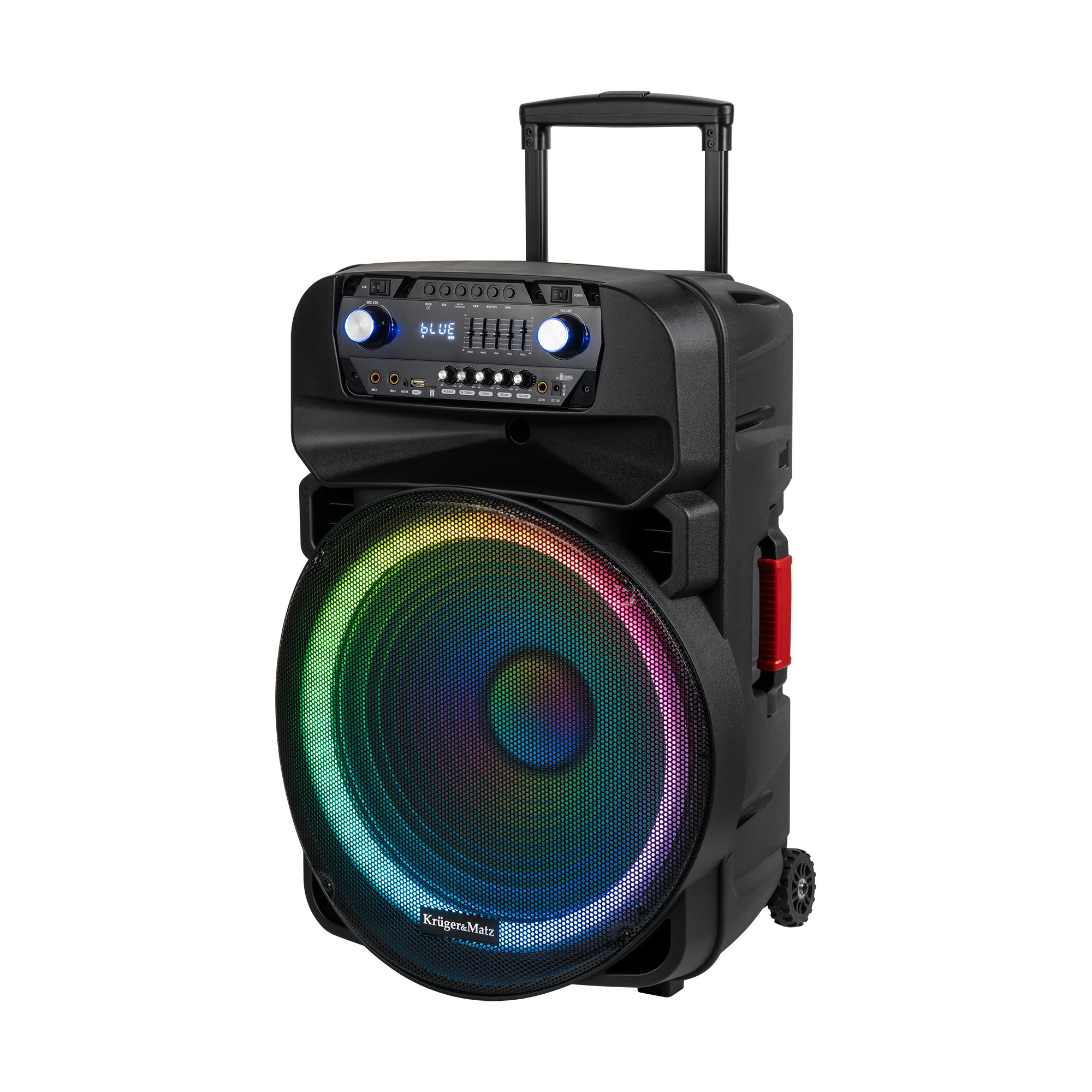 60 W aktyvioji kolonėlė su 2 belaidžiais UHF mikrofonais, SD, Bluetooth, FM, USB ir LED