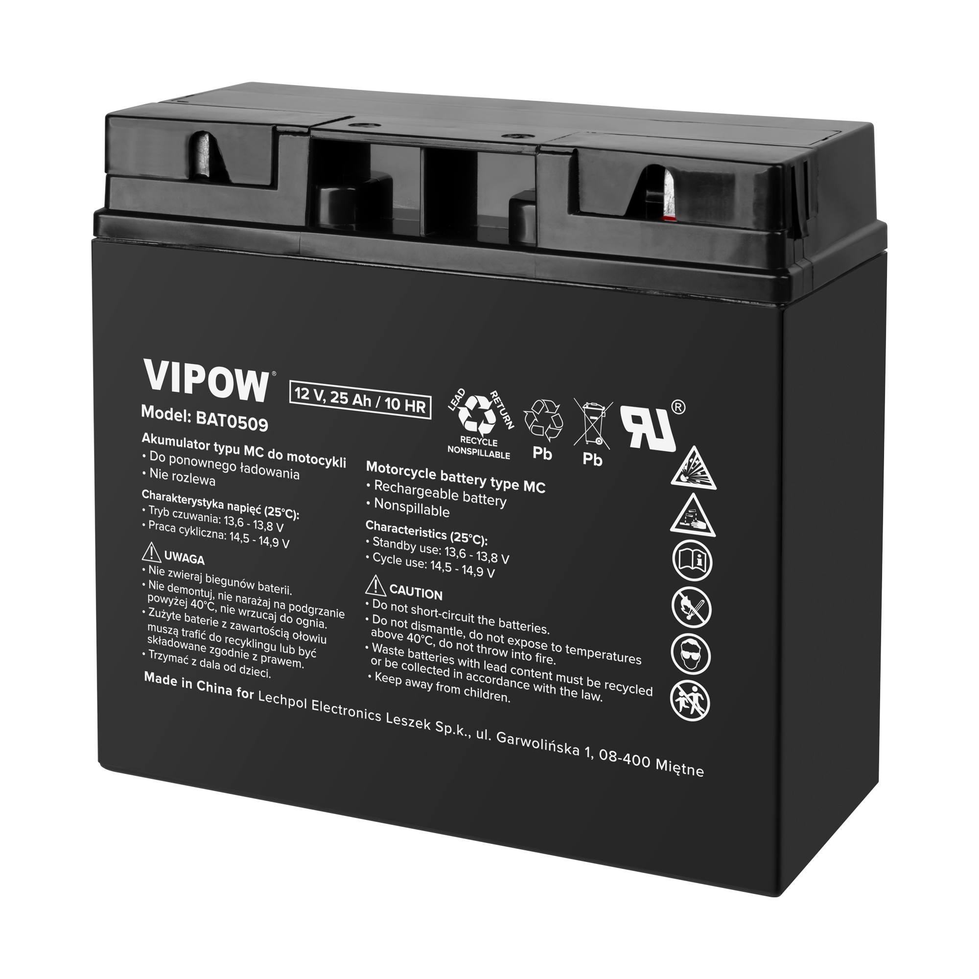 VIPOW MC tipo motociklo akumuliatorius, 12 V, 25 Ah