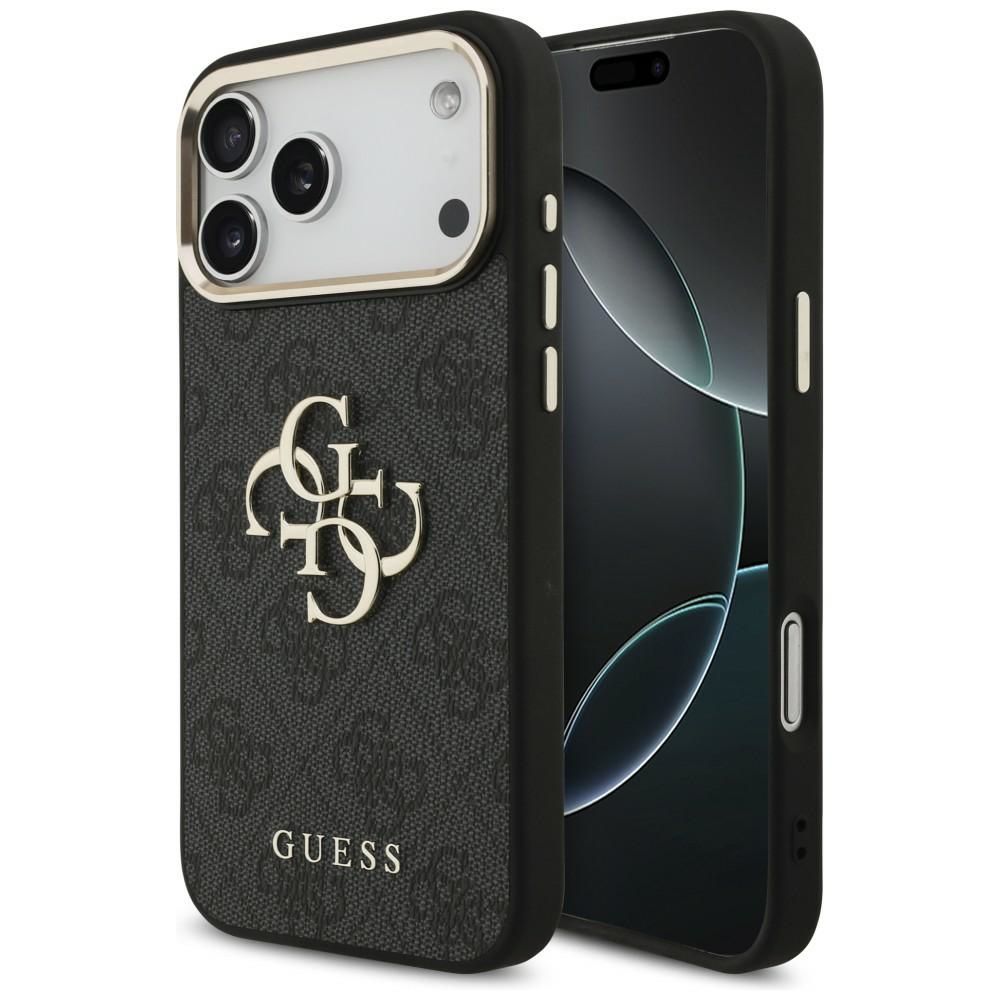 Guess PU Leather 4G Metal Logo Gold Frame dėklas Apple iPhone 18 Pro Max, juodas