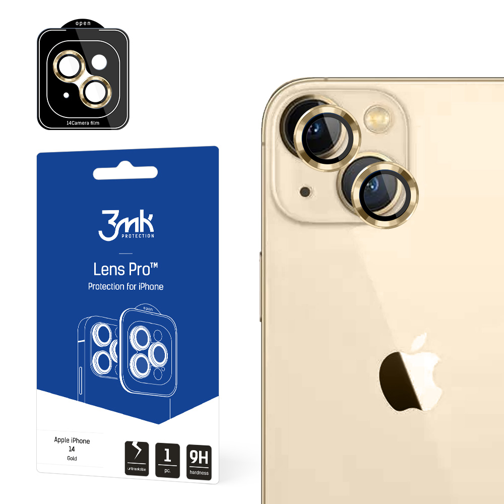 Kameros stiklas iPhone 14 9H 3mk objektyvo apsaugai Pro serijos objektyvas - auksinis