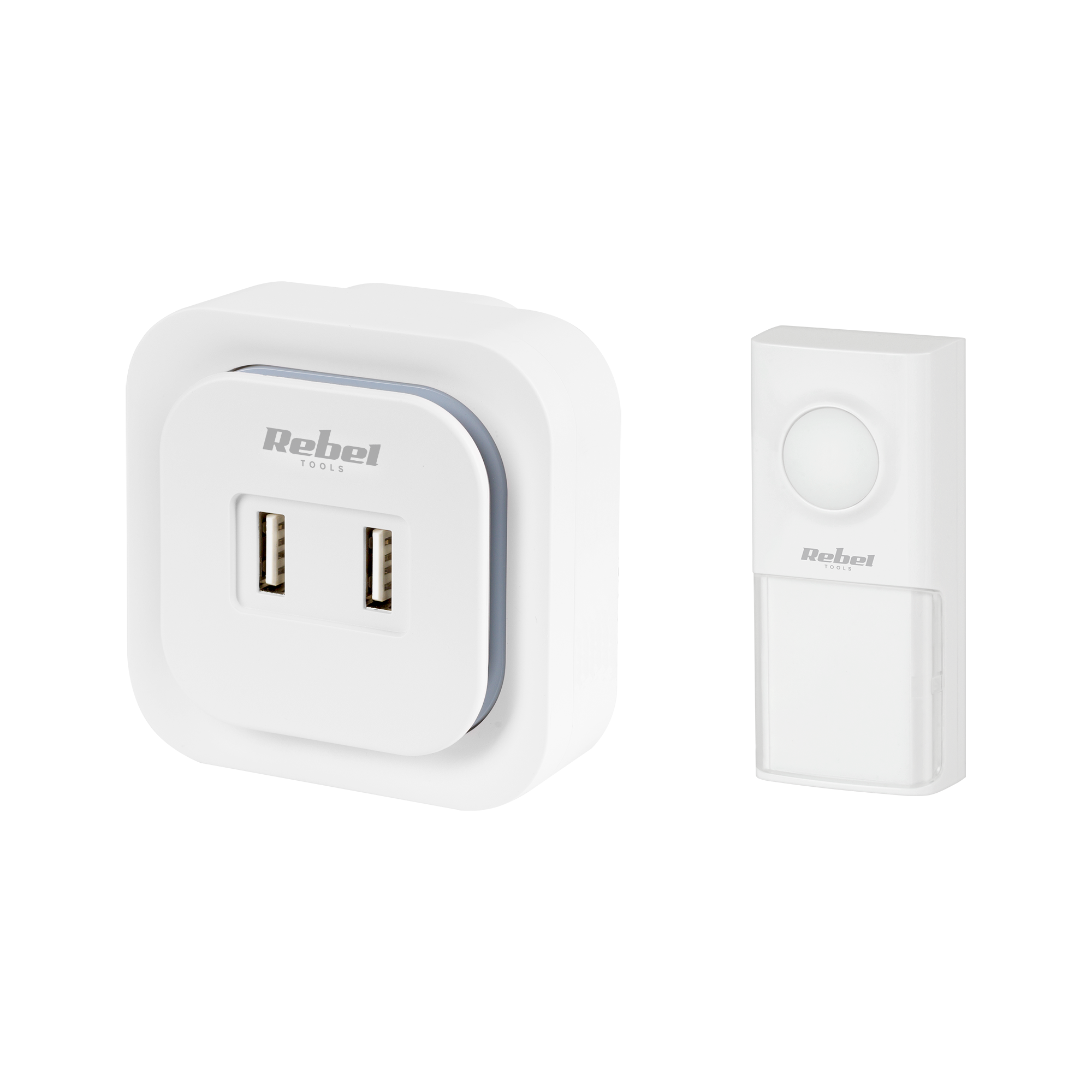 Rebel į elektros lizdą jungiamas 230 V belaidis durų skambutis (36 melodijos, 2 USB lizdai)