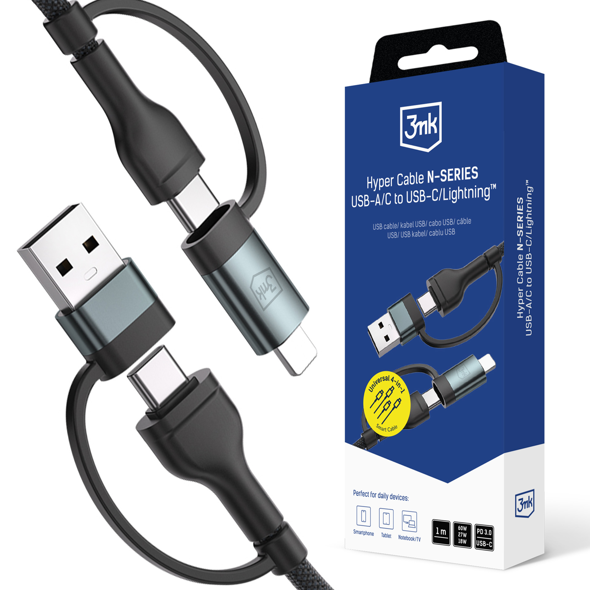 3mk Hyper Cable N-SERIES 2 in 2 USB-A / USB-C ir USB-C / Lightning 1,2 m QC 3.0 9V/2A 60W - juodas