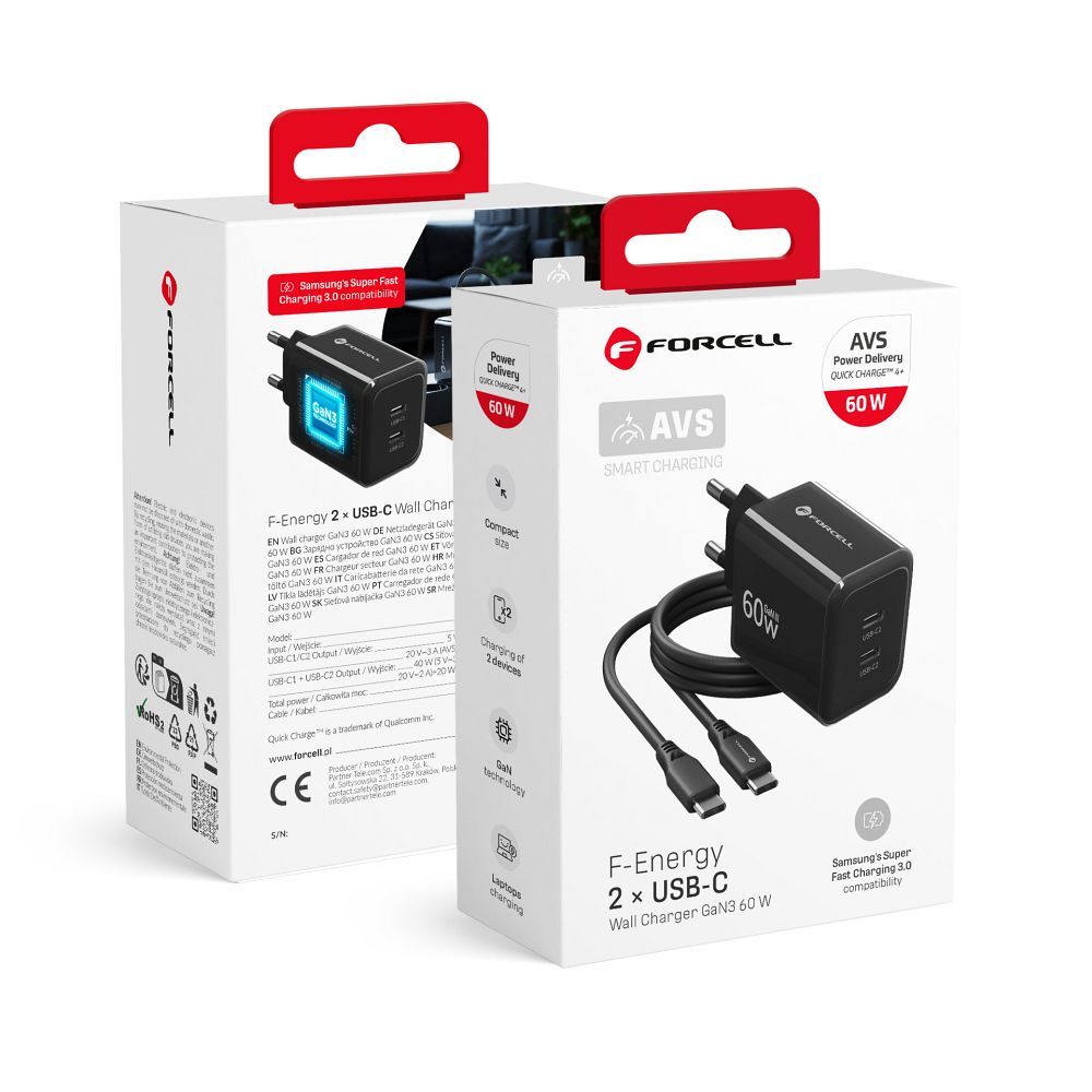Forcell F-Energy GaN III Crystal Color VT-60 telefono įkroviklis, 2 × USB-C, AVS, SSFC3.0, 60 W, su USB-C–USB-C silikoniniu laidu, juodas