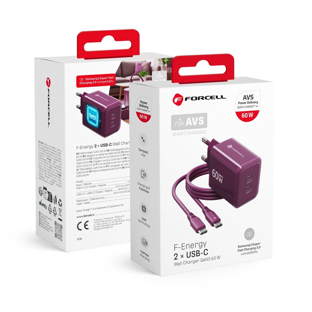 Bordo spalvos 60 W sieninis įkroviklis „Forcell F-Energy GaN III Crystal Color VT-60“, 2 × USB-C, AVS/PPS, su 1 m 60 W silikoniniu USB-C–USB-C kabeliu