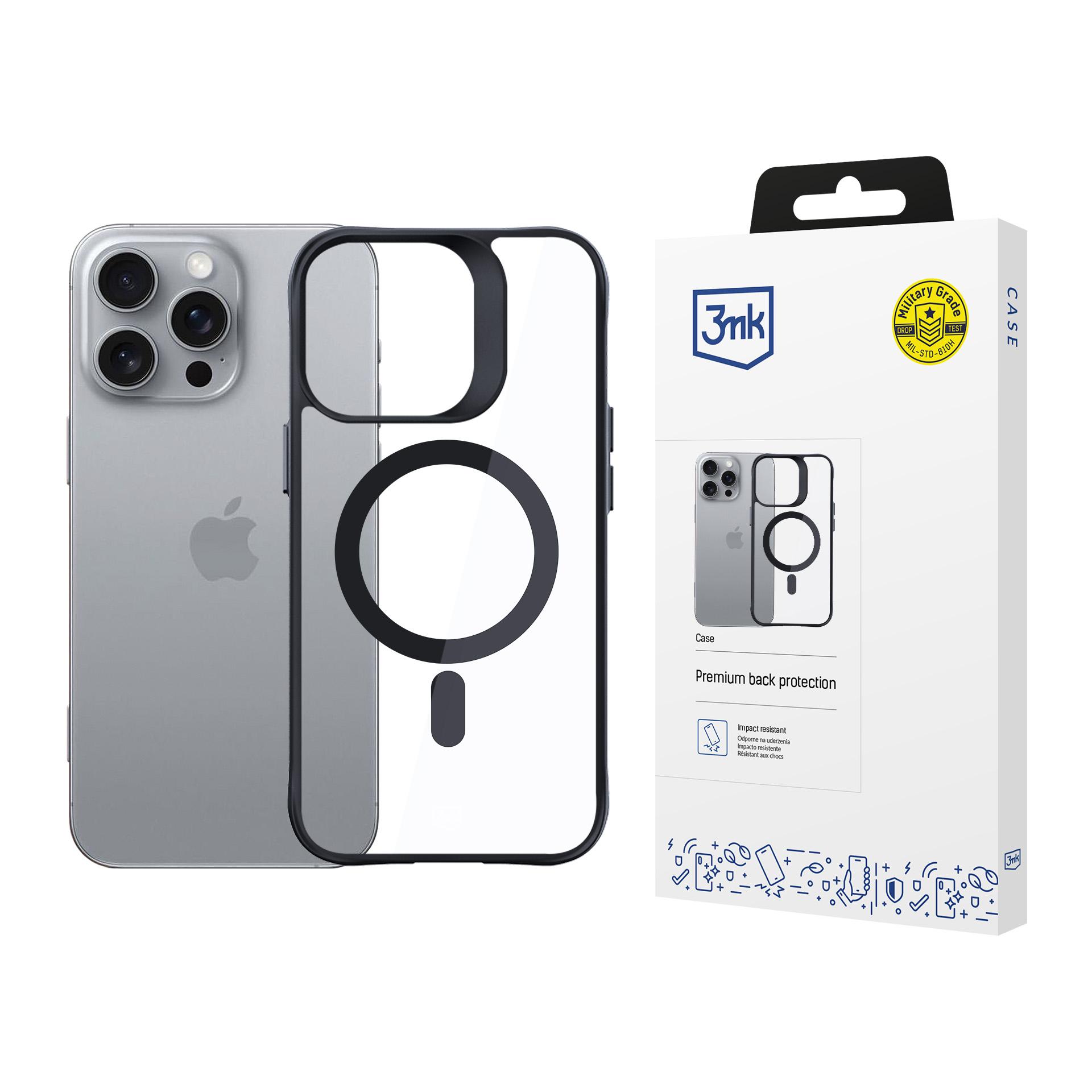 3mk Satino šarvuotas Magnetinis dėklas su MagSafe iPhone 16 Pro Max - skaidrus su juodu rėmeliu