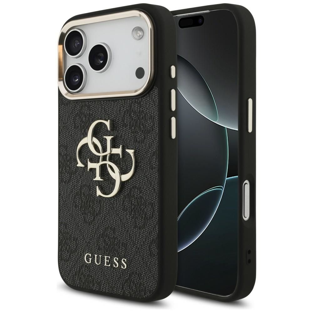 Guess PU Leather 4G Metal Logo Gold Frame dėklas Apple iPhone 18 Pro, juodas