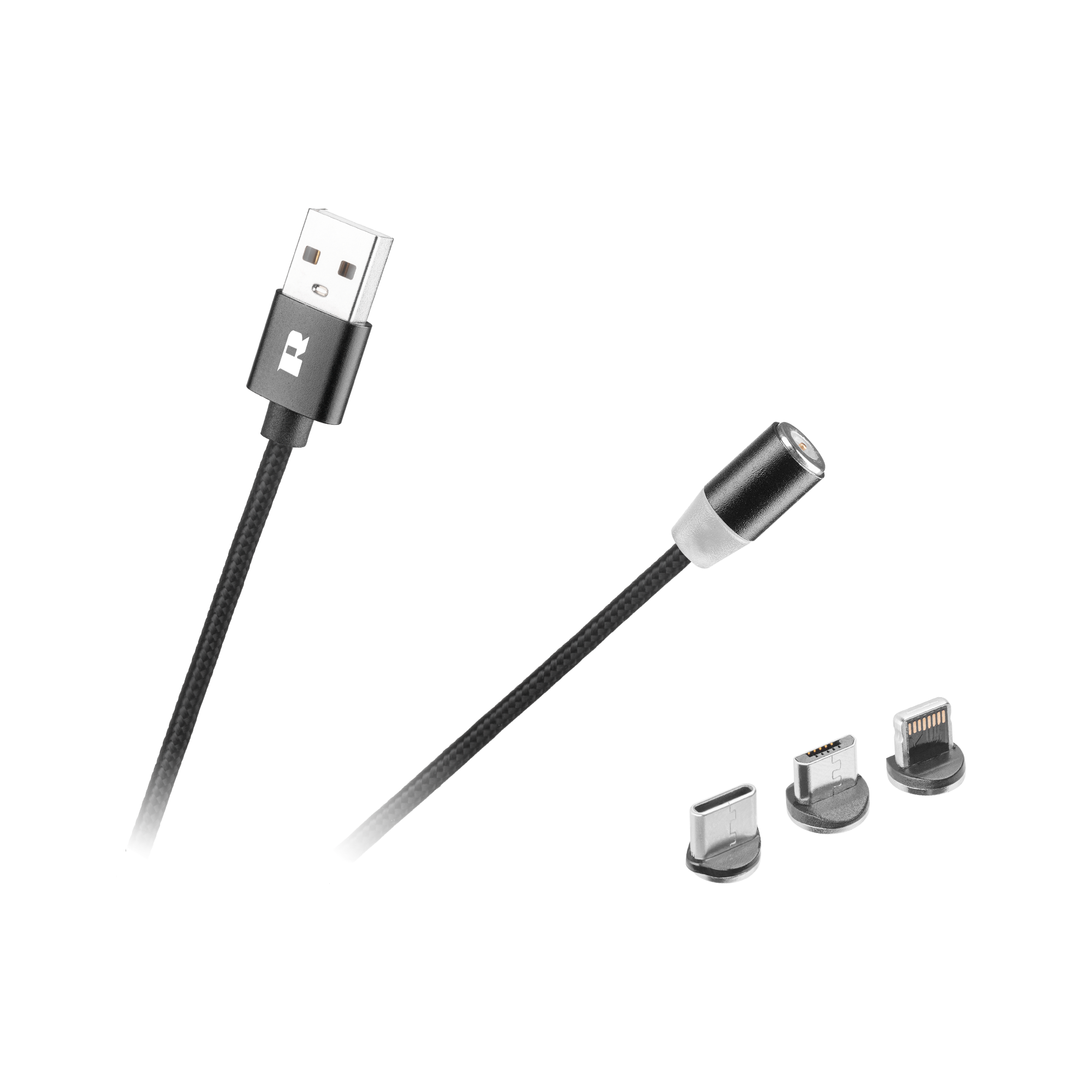 Magnetinis 3-in-1 USB kabelis, micro USB, USB-C ir Lightning, 100 cm, juodas