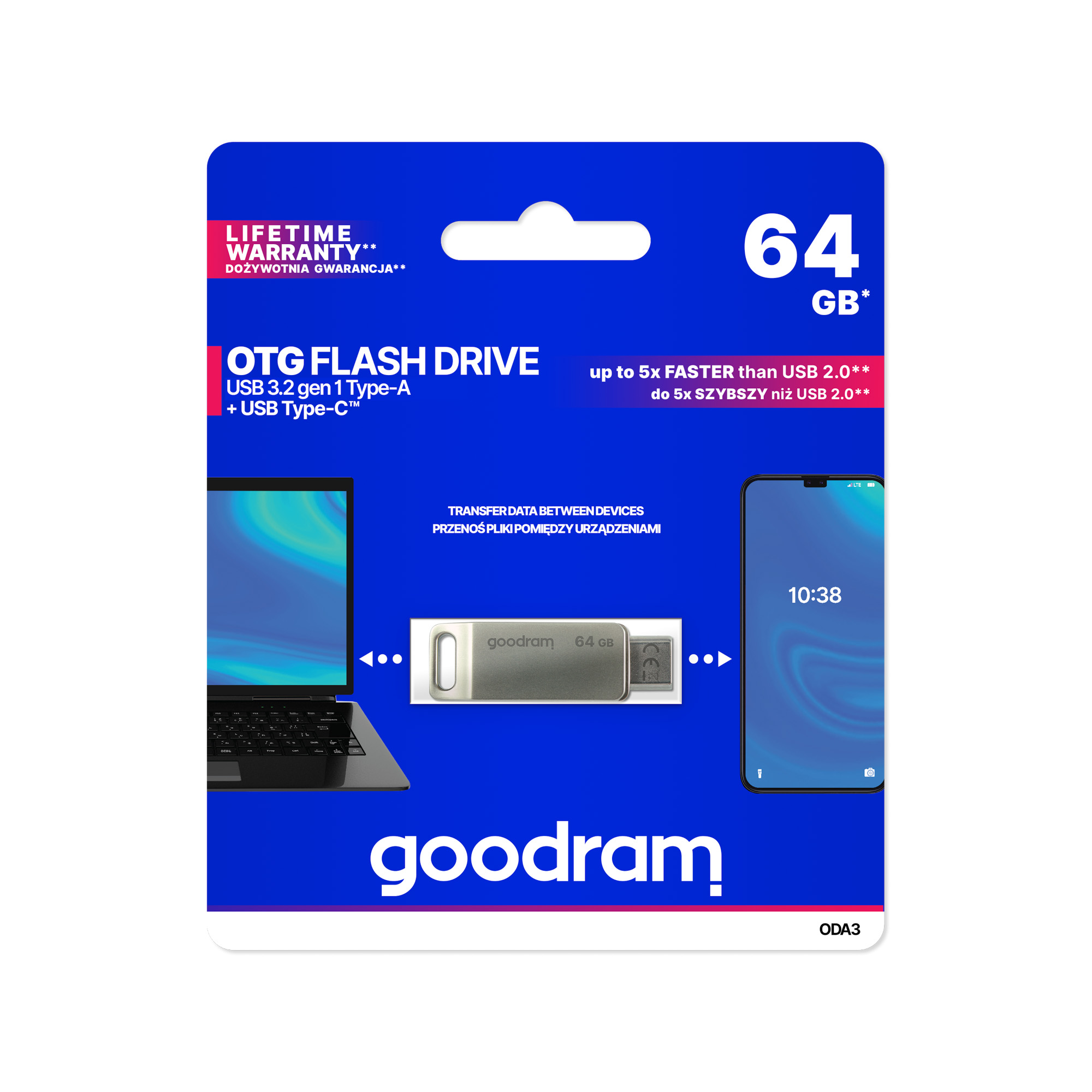 Goodram USB ir USB-C atmintinė, 64 GB, sidabrinė
