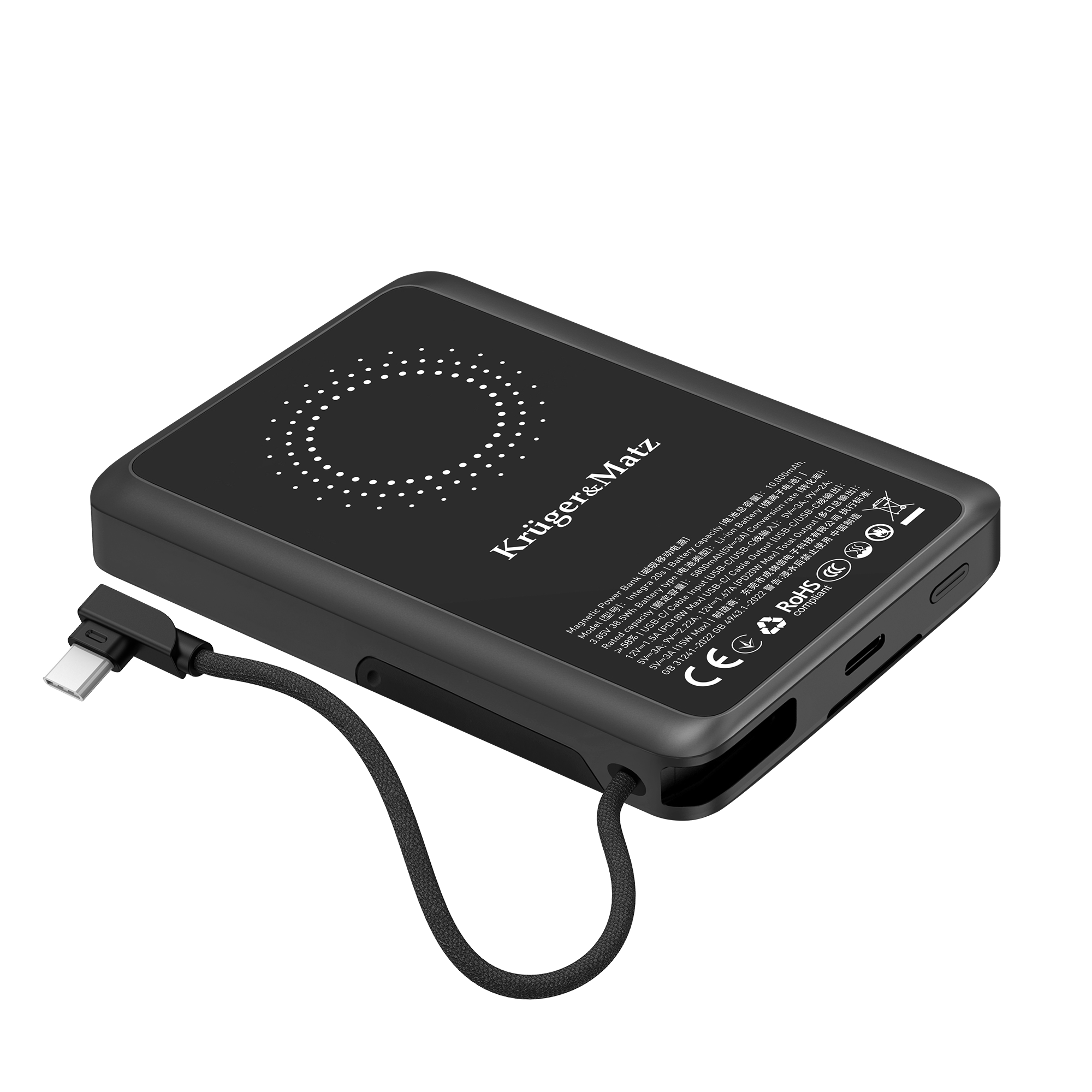 Kruger&Matz išorinė baterija, 10000 mAh, Li-Polymer, QC ir PD, CCC sertifikatas Azijos šalims