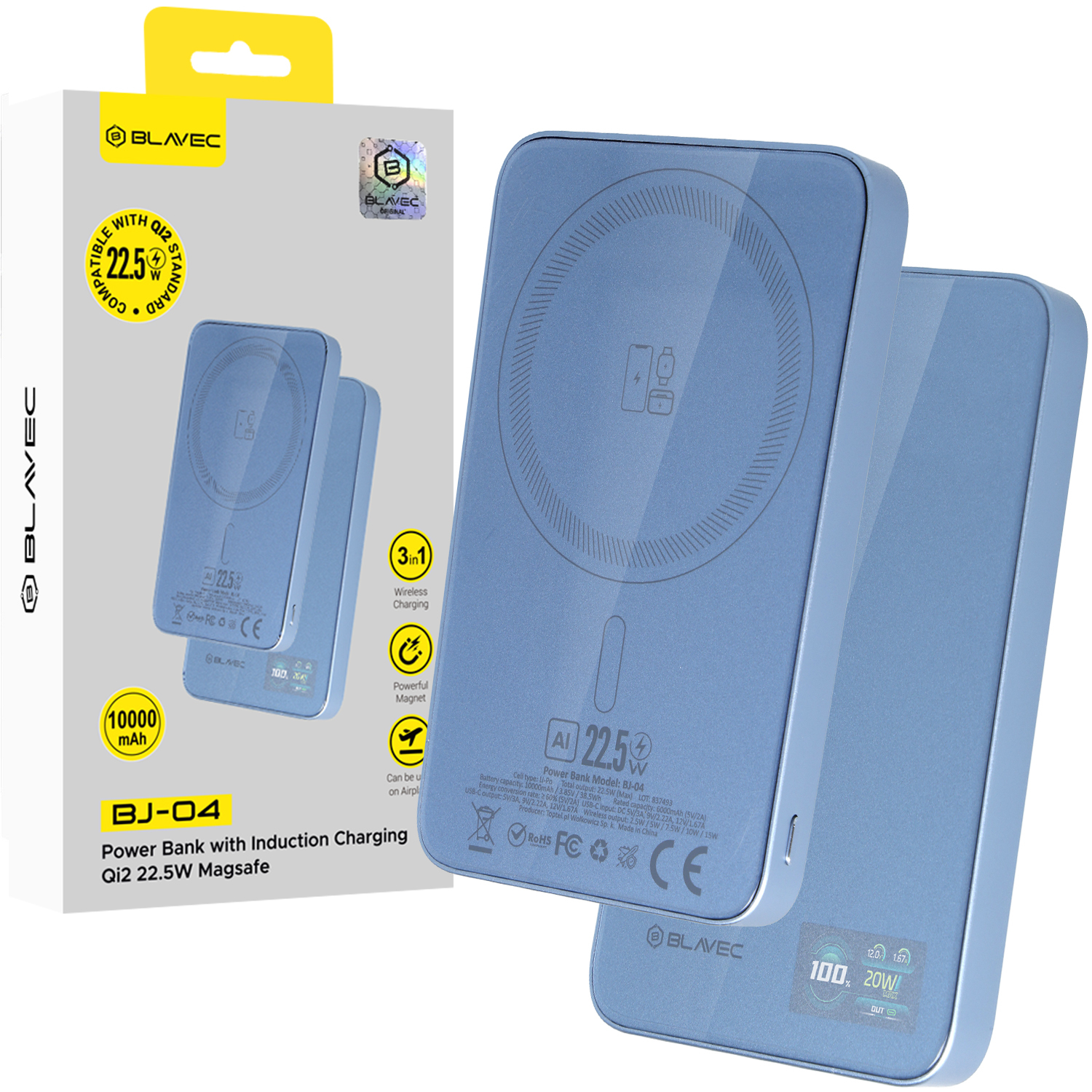 Blavec BJ-04 10000 mAh plonas magnetinis išorinis akumuliatorius su „MagSafe“, 13,5 mm, USB-C, 22,5 W, 3 viename (PBBJ04-MC5LB) (spalva: šviesiai mėlyna; stiklo apdaila)