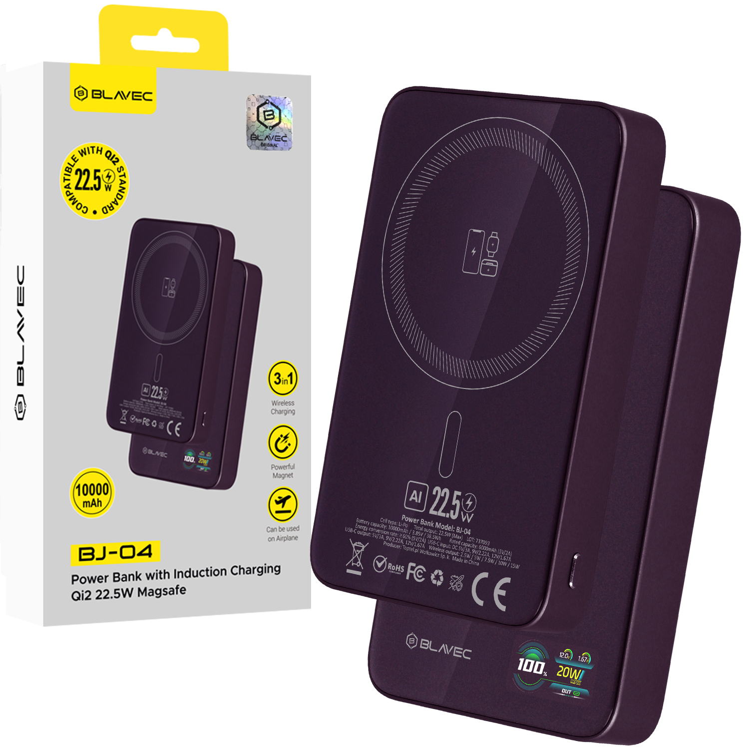 Blavec BJ-04 10000 mAh plonas magnetinis išorinis akumuliatorius su „MagSafe“, 13,5 mm, USB-C, 22,5 W, 3 viename (PBBJ04-MC5P) (spalva: violetinė)