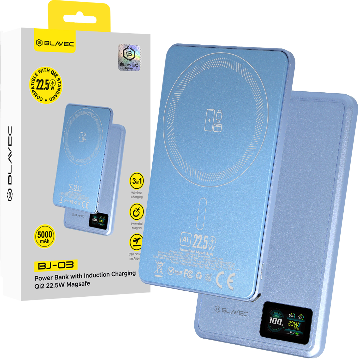 Blavec BJ-03 5000 mAh itin plonas magnetinis išorinis akumuliatorius su „MagSafe“, 7,8 mm, USB-C, 22,5 W, 3 viename (PBBJ03-MC5LB) (spalva: šviesiai mėlyna; aliuminio korpusas)