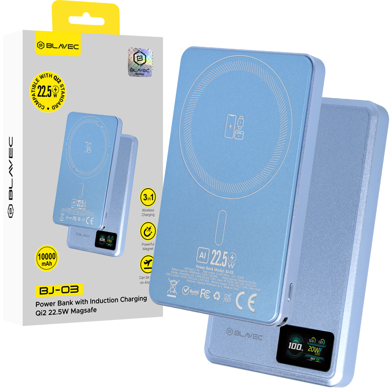 Blavec BJ-03 10000 mAh plonas magnetinis išorinis akumuliatorius su „MagSafe“, 13,5 mm, USB-C, 22,5 W, 3 viename (PBBJ03-MC10LB) (spalva: šviesiai mėlyna; aliuminio korpusas)