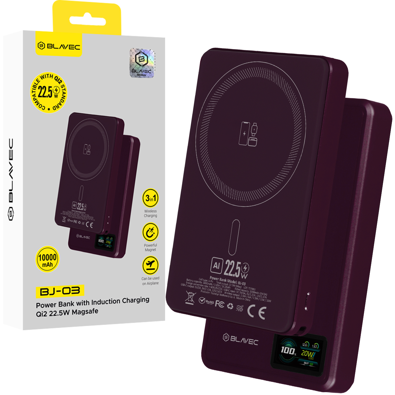 Blavec BJ-03 10000 mAh plonas magnetinis išorinis akumuliatorius su „MagSafe“, 13,5 mm, USB-C, 22,5 W, 3 viename (PBBJ03-MC10P) (spalva: violetinė)