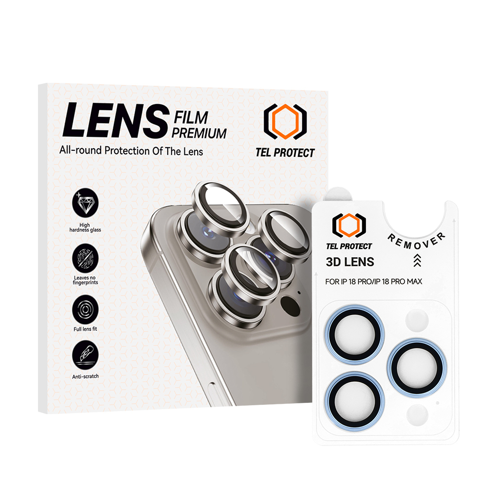 Tel Protect 3D Lens šviesiai mėlyni grūdinti apsauginiai stiklai Apple iPhone 18 Pro / 18 Pro Max kameros lęšiams (3 vnt.)