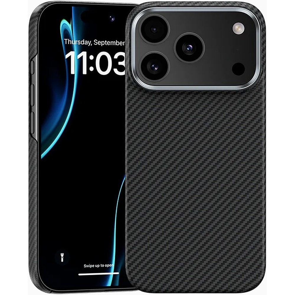 Juodas „Benks Magnetic Armor Air 600D“ kevlaro dėklas su metaliniu rėmeliu (C.K.FL.AP.BK.A072), skirtas iPhone 18 Pro / iPhone 17 Pro