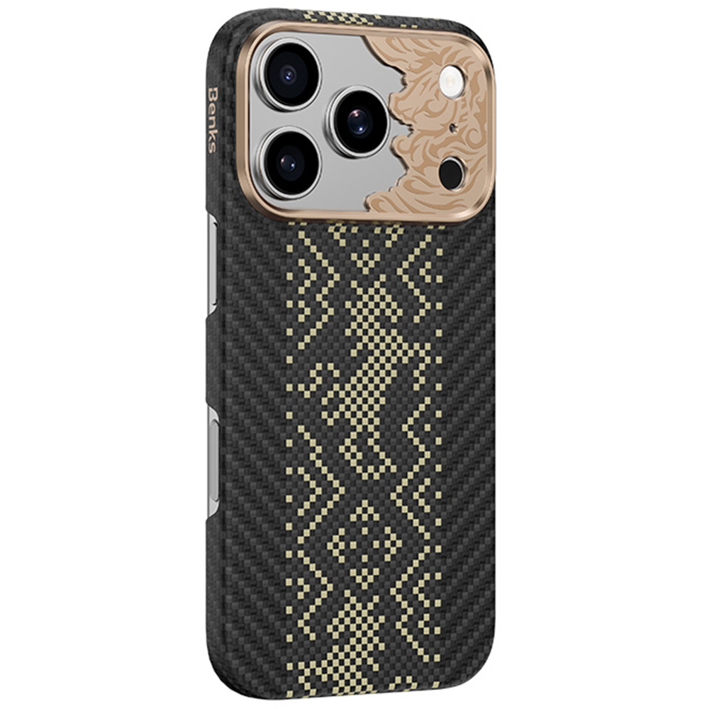 Juodas „Benks Magnetic Armor Air Knight“ kevlaro dėklas su metaliniu rėmeliu (C.K.FL.AP.GD.X073), skirtas iPhone 18 Pro Max / iPhone 17 Pro Max