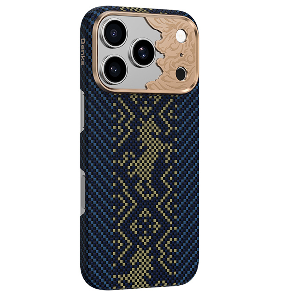 Mėlynas „Benks Magnetic Armor Air Knight“ kevlaro dėklas su metaliniu rėmeliu (C.K.FL.AP.GD.C072), skirtas iPhone 18 Pro / iPhone 17 Pro