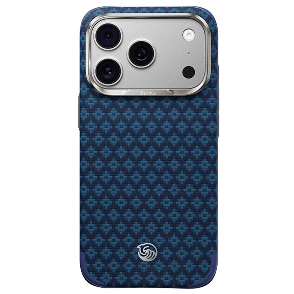 Mėlynas „Benks Magnetic Armor Grid Edge X9“ kevlaro dėklas su metaliniu rėmeliu (C.K.FL.AP.BE.X073), skirtas iPhone 18 Pro Max / iPhone 17 Pro Max
