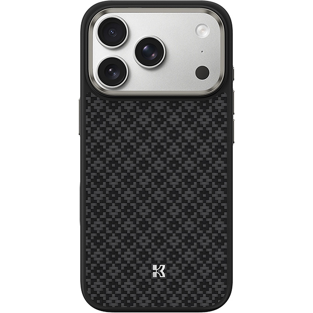 Juodas „Benks Magnetic Armor Pro Armor Grid 600D“ kevlaro dėklas su metaliniu rėmeliu (C.K.FL.AP.BK.B072), skirtas iPhone 18 Pro / iPhone 17 Pro su „Camera Control“ mygtuku