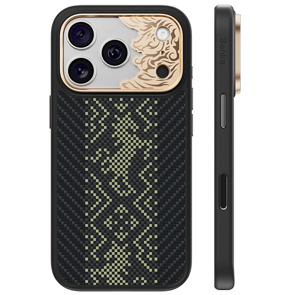 Juodas „Benks Magnetic Armor Pro Knight“ kevlaro dėklas su metaliniu rėmeliu (C.K.FL.AP.GD.B073), skirtas iPhone 18 Pro Max / iPhone 17 Pro Max su „Camera Control“ mygtuku