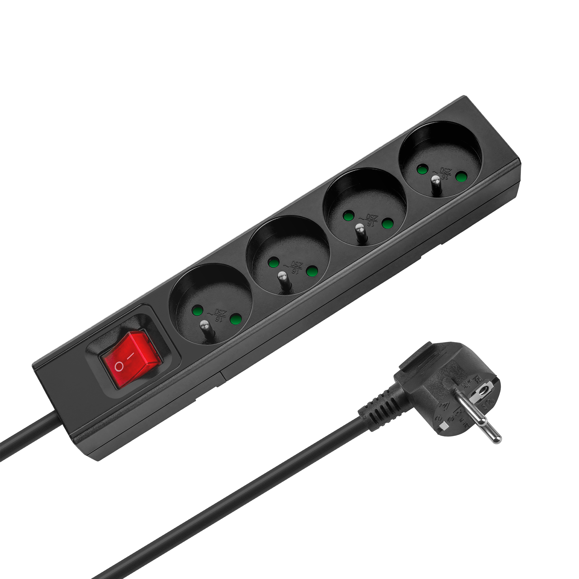 Rebel prancūziško tipo ilgintuvas, 4 lizdai, 1,5 m, su jungikliu, 3 x 1,0 mm, juodas
