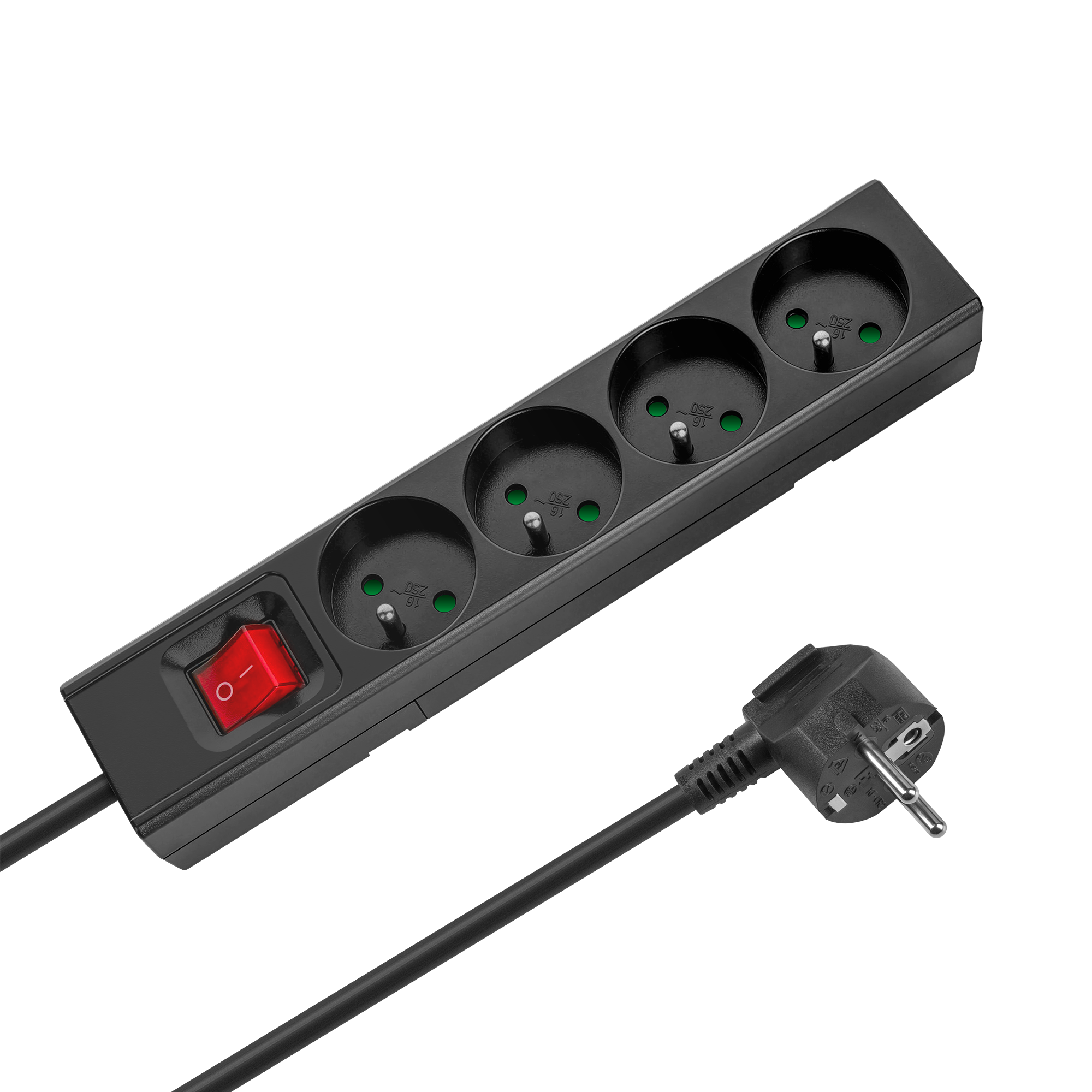 Rebel prancūziško tipo ilgintuvas, 4 lizdai, 3 m, su jungikliu, 3 x 1,5 mm, juodas