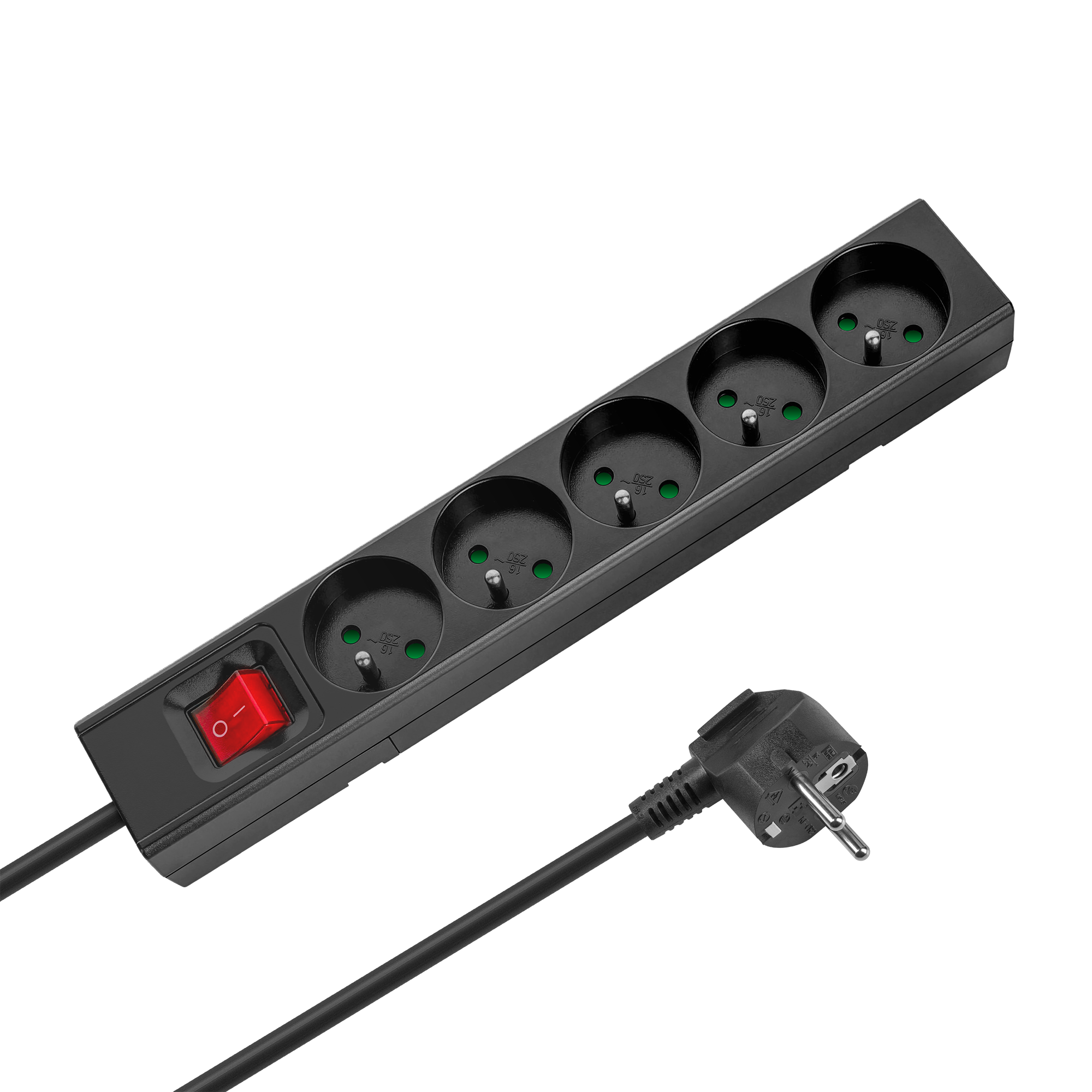 Rebel prancūziško tipo ilgintuvas, 5 lizdai, 2 m, su jungikliu, 3 x 1,5 mm, juodas