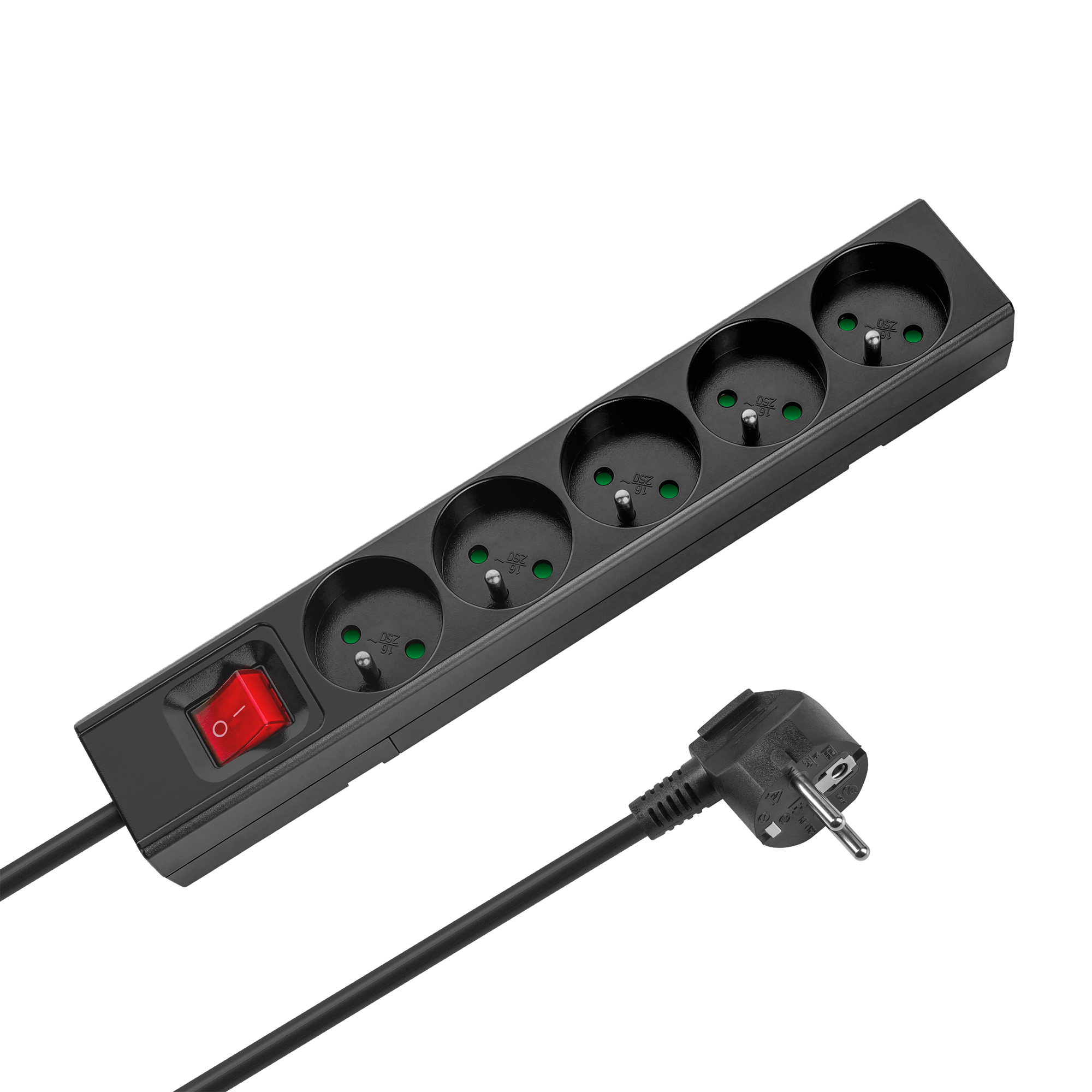 Rebel ilgintuvas, 5 prancūziško tipo lizdai, 3 m, su jungikliu, 3×1,5 mm, juodas