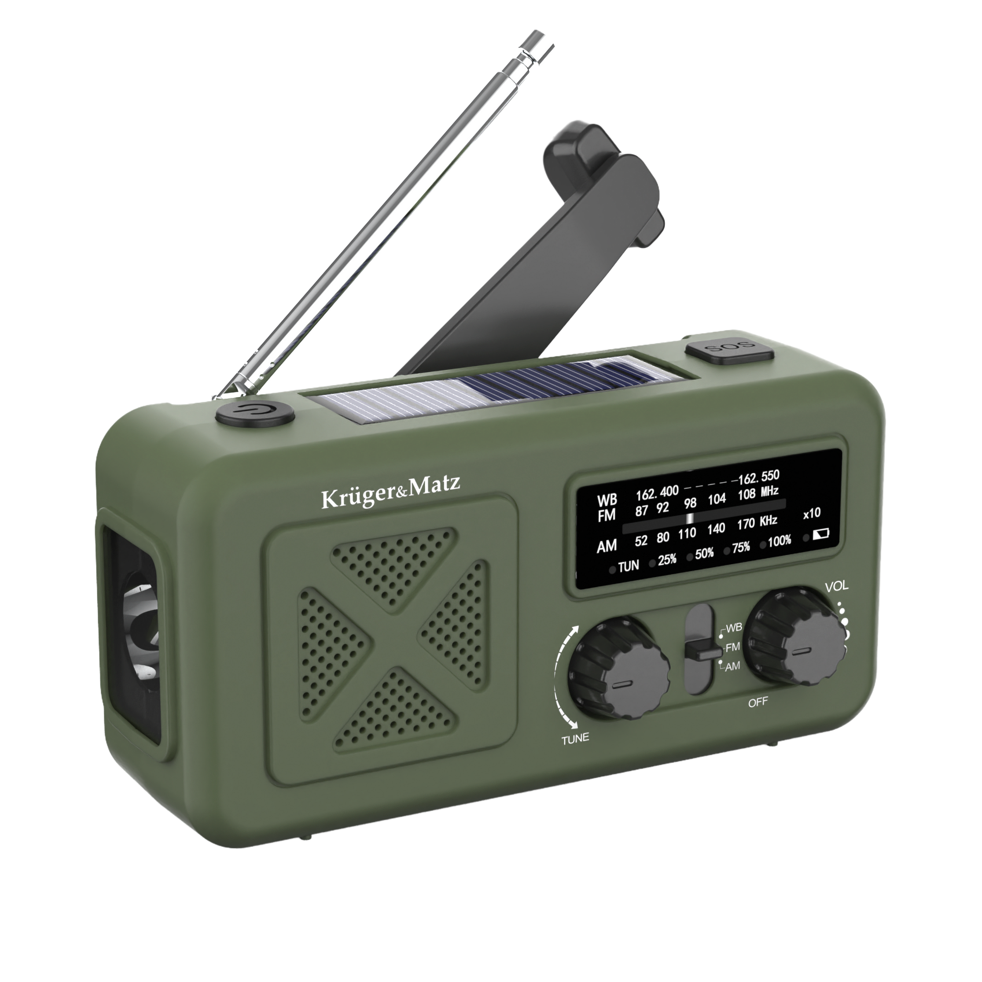 Kruger&Matz nešiojamasis saulės energijos avarinis radijas su SOS, 2000 mAh išorine baterija, žibintuvėliu ir dinama