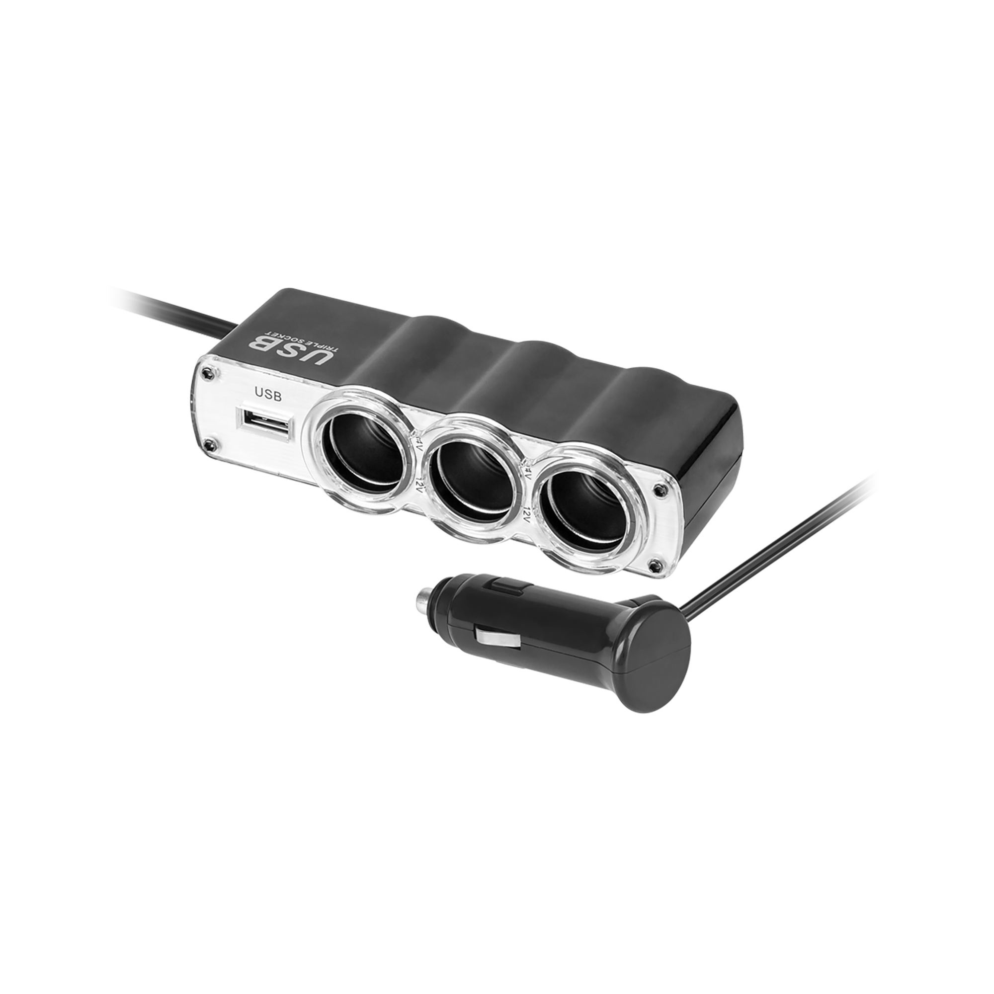 3 lizdų automobilio cigarečių degiklio skirstytuvas su kabeliu ir USB