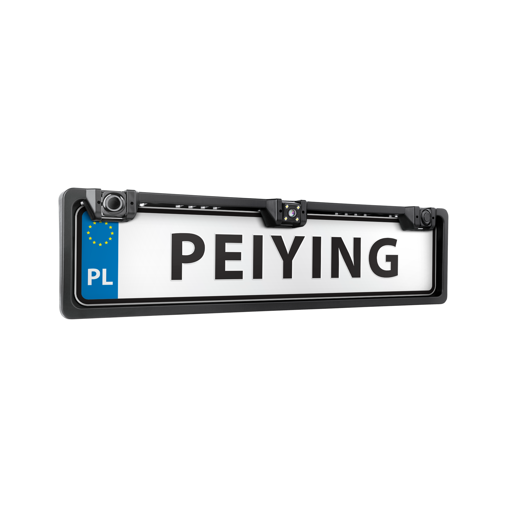 Peiying automobilio galinio vaizdo kamera su parkavimo jutikliu valstybinio numerio rėmelyje