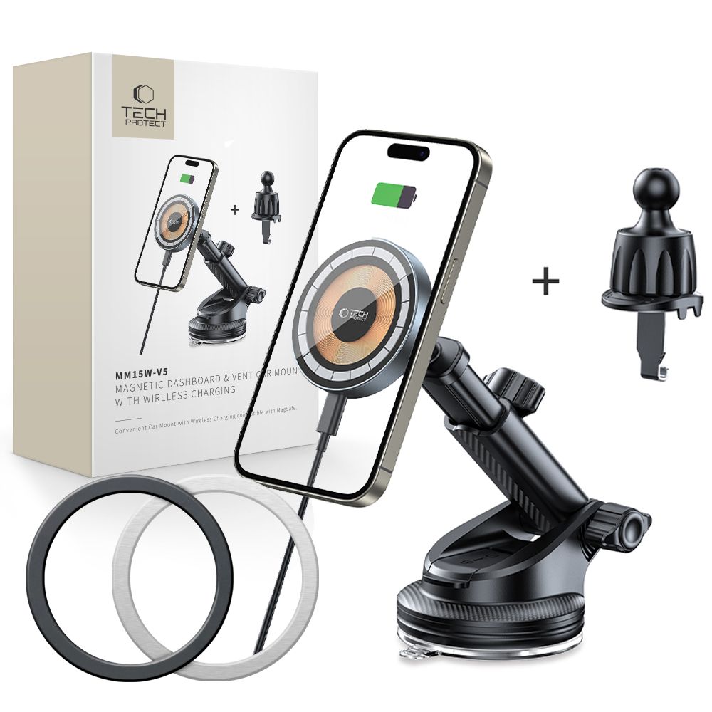 TECH-PROTECT MM15W-V5 MAGNETINIS MAGSAFE PRIETAISŲ SKYDELIO IR VENTILIACIJOS AUTOMOBILINIS LAIKIKLIS BELAIDIS ĮKROVIKLIS 15W JUODAS