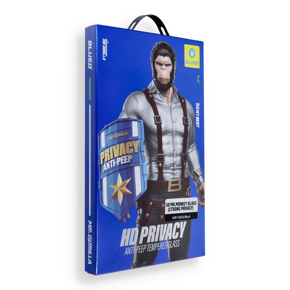 Juodas tvirtas 5D Mr. Monkey ekrano stiklas Samsung Galaxy FOLD 8 su privatumo apsauga