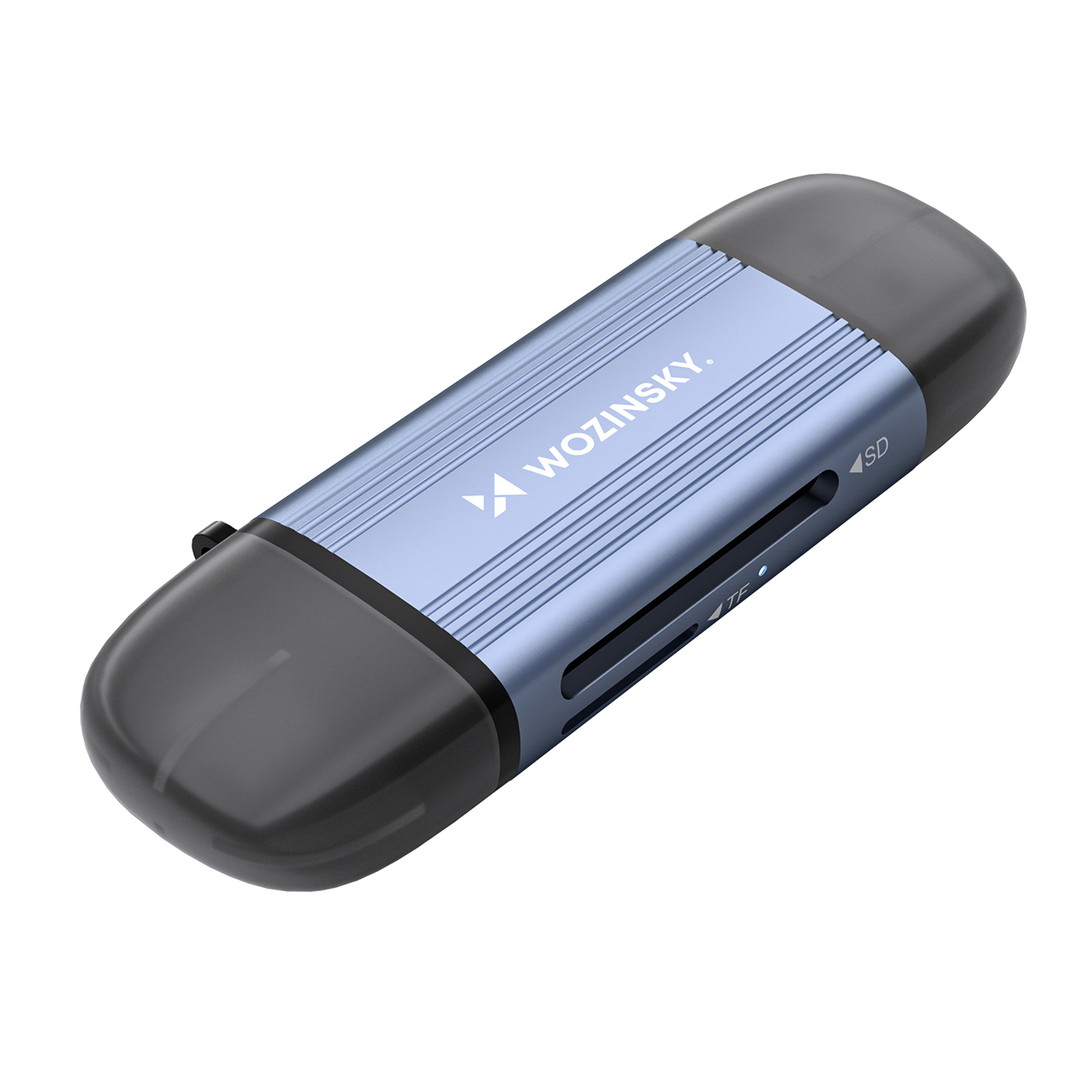 Pilkas aliumininis SD ir microSD atminties kortelių skaitytuvas Wozinsky WCR-5G su USB-A 3.0 / USB-C 3.0